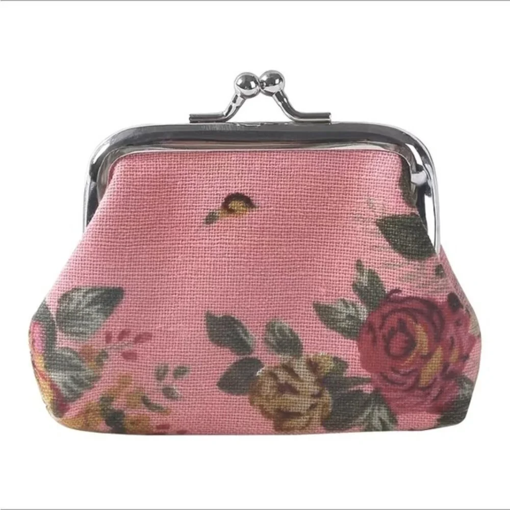 Victorian Rose Change Purse Bag French Kiss Clasp Storage Needlepoint Vibe Pink